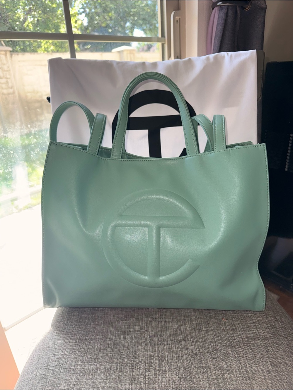 TELFAR SAGE Green Leather Tote Bag with Embossed Logo & dust bag